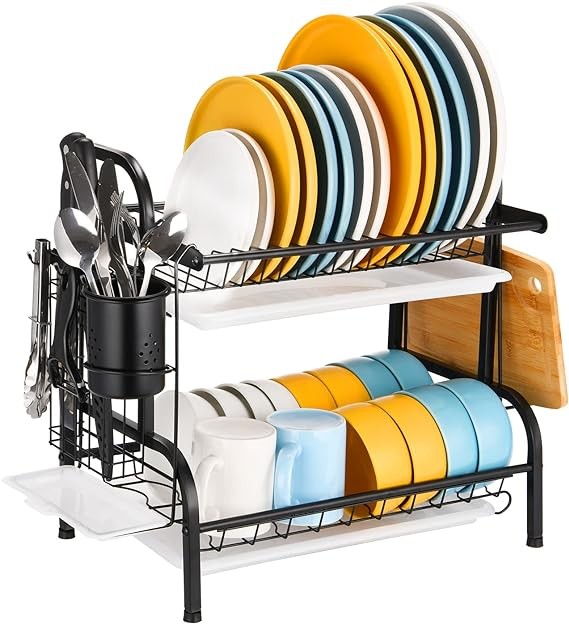 2 Tier Aluminum Plate Dish Drying Draining Rack Storage Organizer, Black.