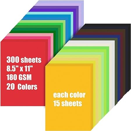 Colored Cardstock Bulk 300 sheets, 8.5” x 11” Cardstock Paper Set, 20 Assorted Colors Construction Paper,180 GSM Card Stock Printer Paper Scrapbooking Supplies for Diy Crafts Cricut Card Making