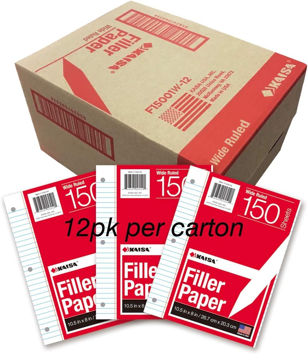 Kaisa loose Leaf Paper Filler Paper 150 Sheets 8"x10.5",Wide Ruled, 3-Hole Punched for 3-Ring Binders, Carton of 12pack