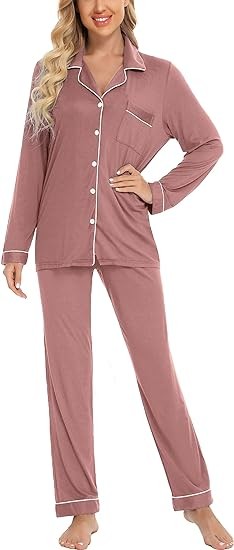 Leikar Button Up Pajama Set For Women Long Sleeve Shirt And Pajama Pants Soft Pjs Lounge Sets