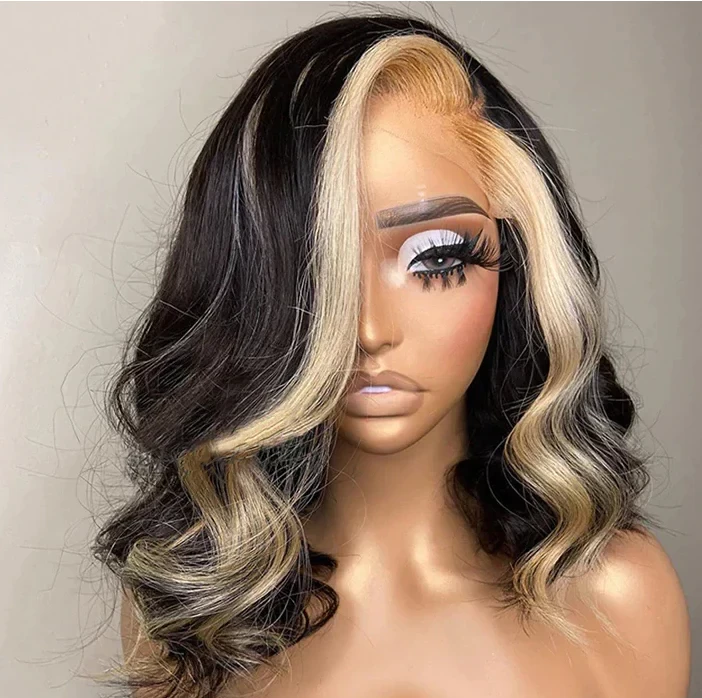 New Body Wave Honey Blonde Highlight 13x4 HD Lace Frontal Human Hair Bob Wig