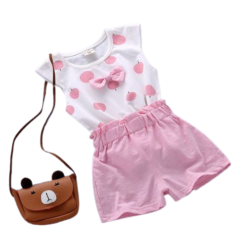 Girls Cartoon Apple Print T-Shirt + Short Cotton Suit - Pink