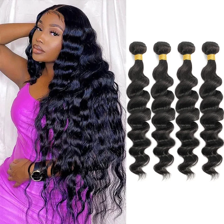 40" Virgin Remy Brazilian Loose Deep Wave Human Hair Bundle, Grade 15A, Natural 1B, 3 Bundles/Package