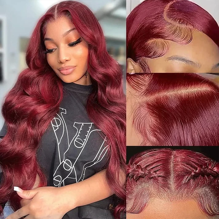 Burgundy Brazilian Body Wave 13x6 Transparent Lace Front Virgin Human Hair Wig