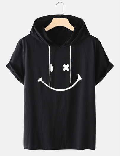 Mens Smile Pattern Short Sleeve Preppy Hooded T-Shirt