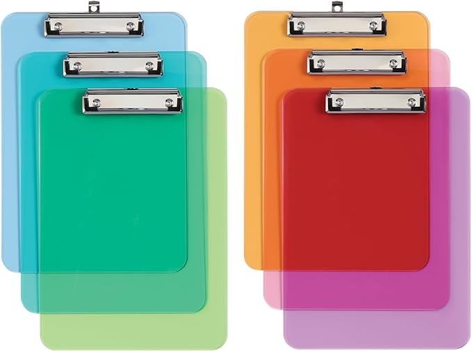 Oxford Assorted Plastic Clipboards with Metal Clip, 6-Pack, 12.5" x 9" (25402)