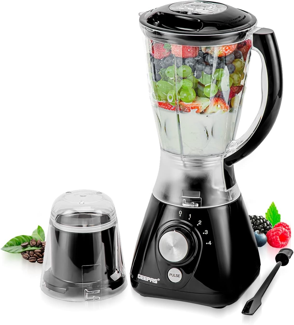 Geepas 550W 2 in 1 Food Jug Blender with 1.5L BPA Free Jar | 4 Sharp Stainless Steel Blades with 2 Speed | Ice Crusher, Mill, Coffee/Spice Grinder &...