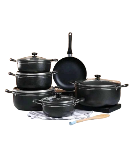 ten-piece aluminum cookware set with purple handles