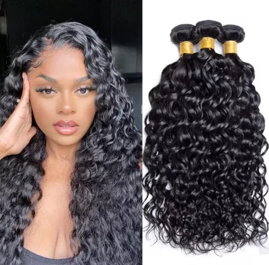 Raw Malaysian Water Wave Grade 15A Human Hair, Color 1B Natural, 3 bundles/package