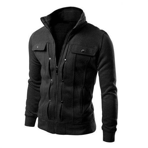 Standing Neck Zipper Men's Coat Slim Fit Cardigan Short Brushed Sweater - Black