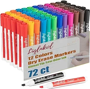 Dry Erase Markers Bulk, 72 Pack with 12 Assorted Colors Low Odor Whiteboard Markers, Chisel Tip Dry Erase Markers - Perfect for Writing on Dry Erase Whiteboard Mirror Glass, for School Office or Home