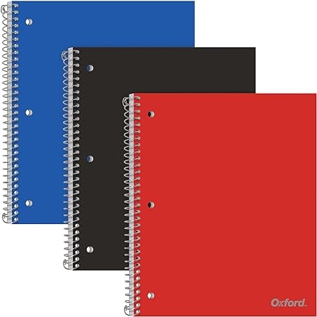 Oxford Spiral Notebooks, 1-Subject, Wide Ruled Paper, Durable Plastic Cover, 100 Sheets, Divider Pocket, 3 per Pack (10389)