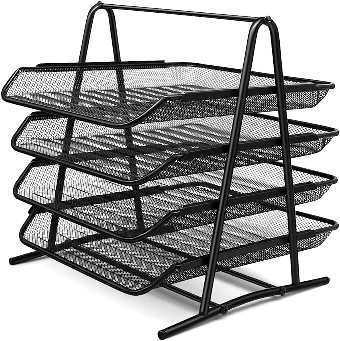 4 Tier Folder Organizer - Metal Mesh Tabletop Desk Organizer Tray for File, Documents, Mail, Letter, Paper (Black)