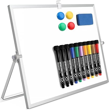 Dry Erase White Board, 16"X12" Double-Sided Magnetic Whiteboard with 10 Markers, 4 Magnets, 1 Eraser, Small White Board with Stand, White Board Easel for Kids Drawing Memo to Do List Wall School