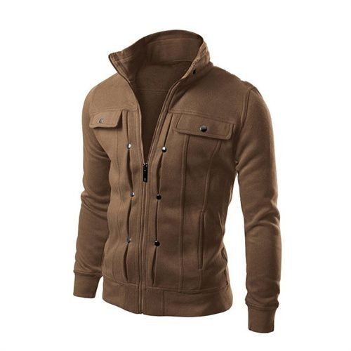 Standing Neck Zipper Men's Coat Slim Fit Cardigan Short Brushed Sweater - Brown