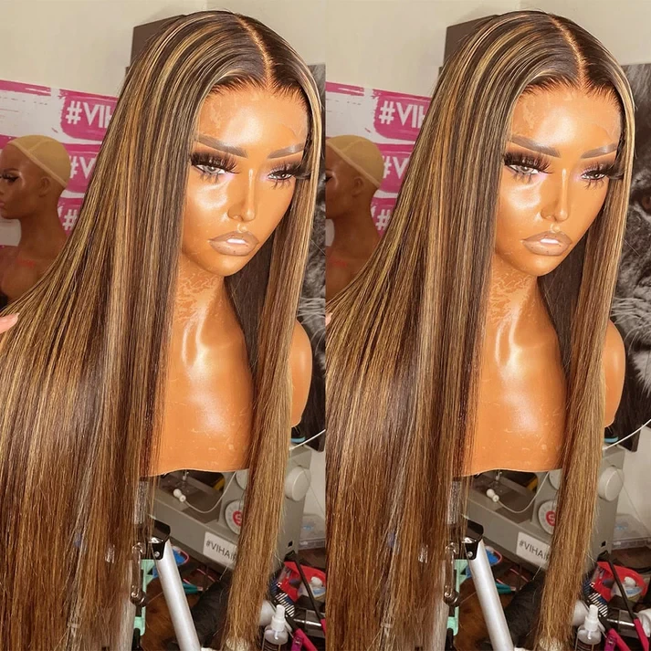 Brazilian Silky Straight Honey Blonde Highlight 13x4 HD Lace Front Human Hair Wigs