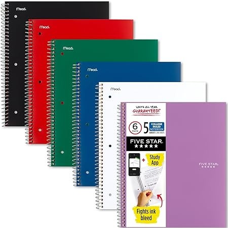 Five Star Spiral Notebooks + Study App, 6 Pack, 5 Subject, College Ruled Paper, Fights Ink Bleed, Water Resistant Cover, 8-1/2" x 11", 200 Sheets,Assorted Colors (73793)