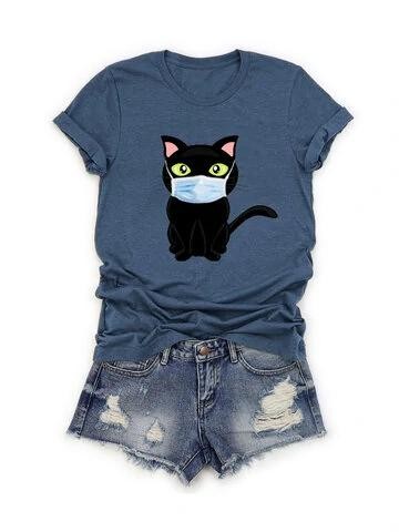 Cute black cat print O-neck T-shirt