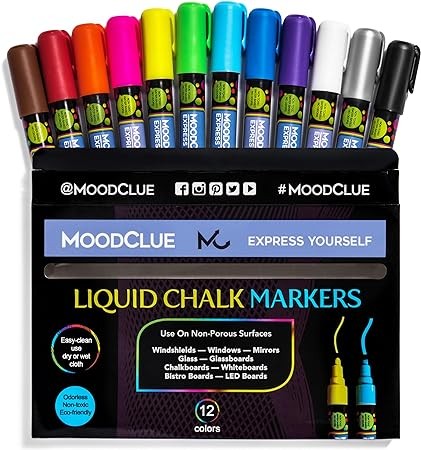 Liquid chalk markers 12 neon erasable Whiteboards, glass boards, chalkboards, windows, mirrors, car windshields, auto, glass. Odorless, non-toxic. Wet or dry erase. Thick and thin tip