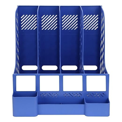 Bestow 4 Compartment Plastic File Organizer with Pen Holder for Home and Office File Organizer Blue