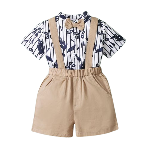 Little Gentleman Kid Boys Striped Short Sleeves Shirt With Suspender Pants