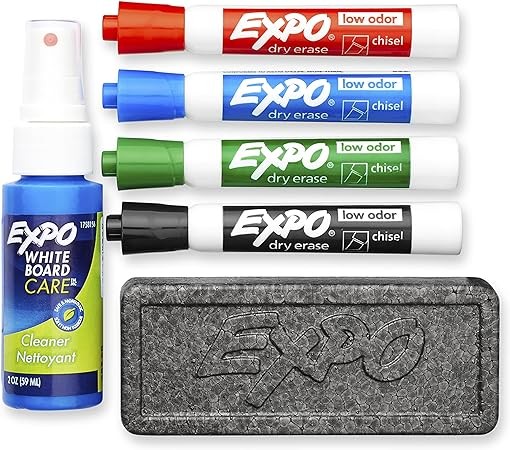 EXPO Low Odor Dry Erase Marker Set with White Board Eraser and Cleaner, Chisel Tip Dry Erase Markers, Assorted Colors, 6 Piece Set with Whiteboard Cleaner