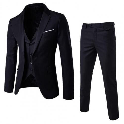 1 Set Men Suit Slim Single-breasted Korean Style Blazer Zipper Fly Pants Black