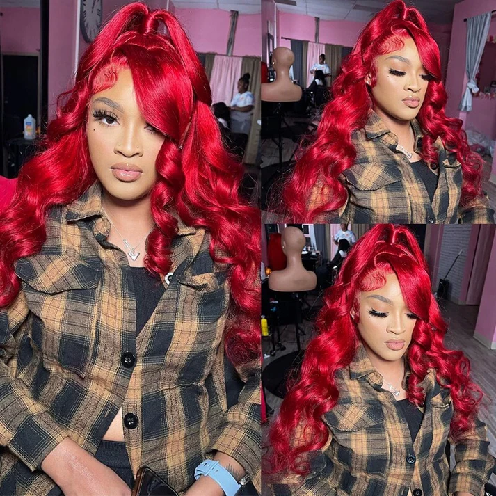 Red Brazilian Body Wave 13x6 Transparent Lace Front Virgin Human Hair Wig